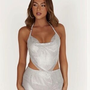 Meshki Diamanté Silver Sequin Halter Crop Top
